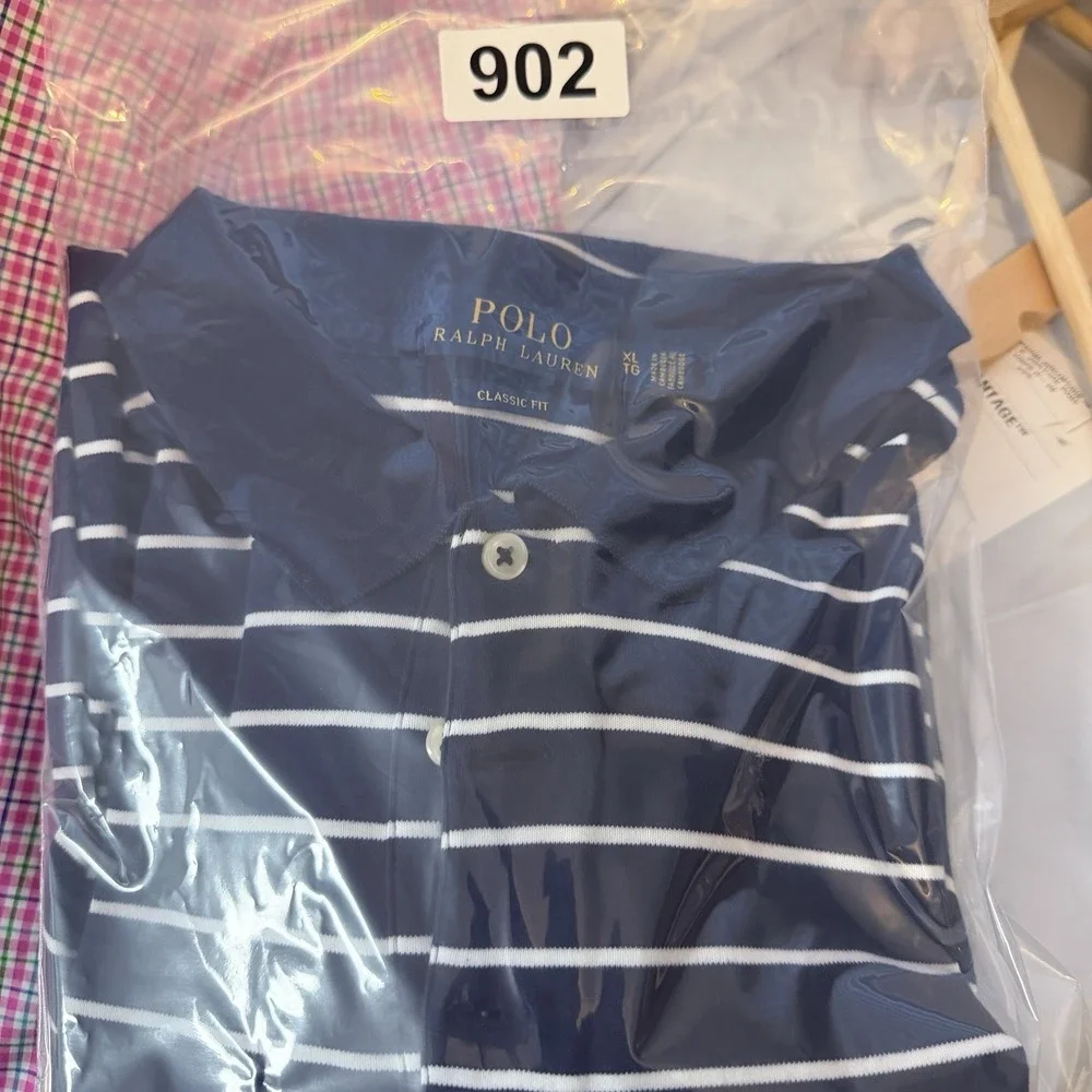 Polo Ralph Lauren Mens XL Classic Fit Polo Navy White Striped Flesh Pony